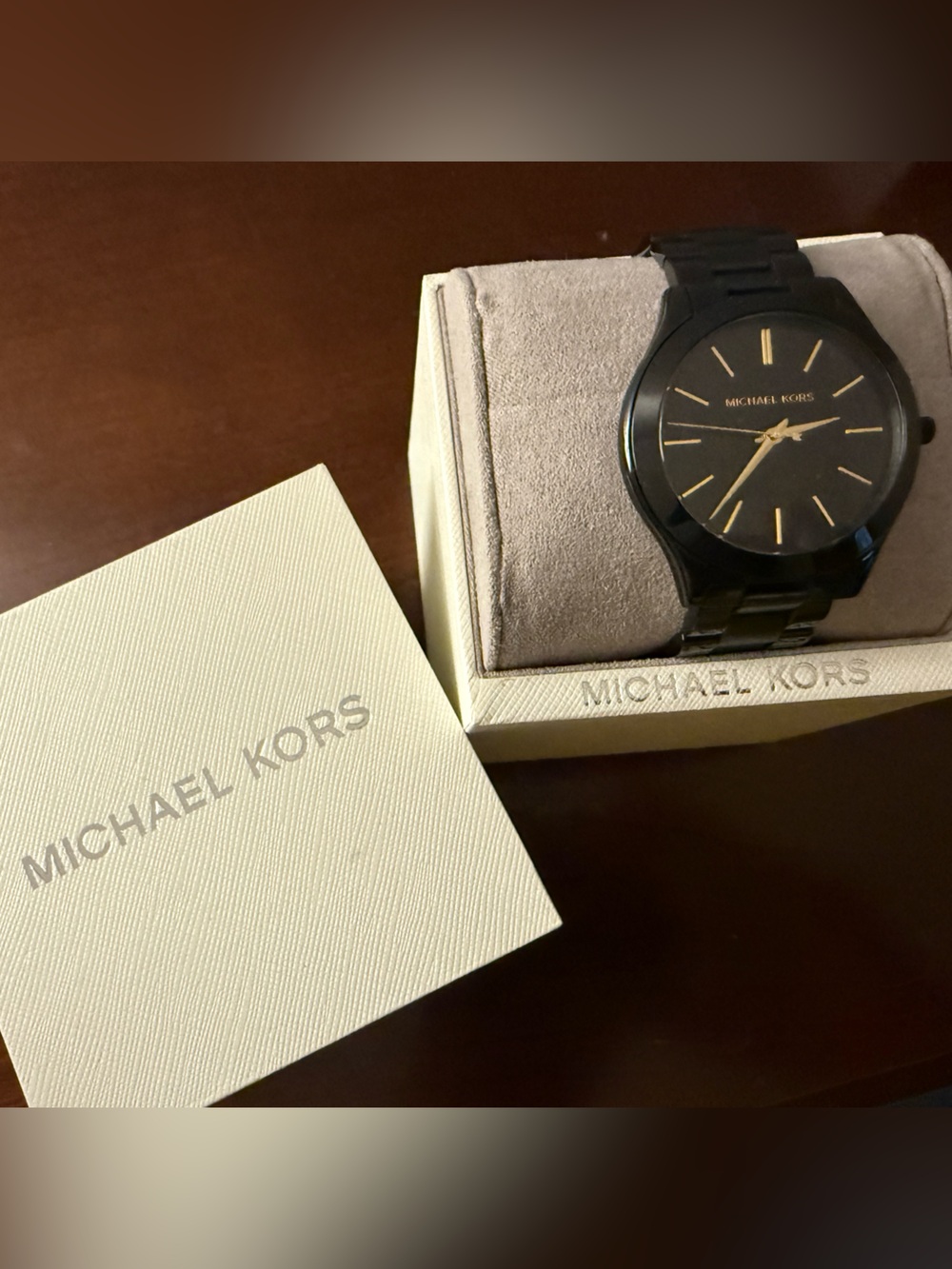 Michael Kors Women’s Slim Runway Black Watch with Gold Accents